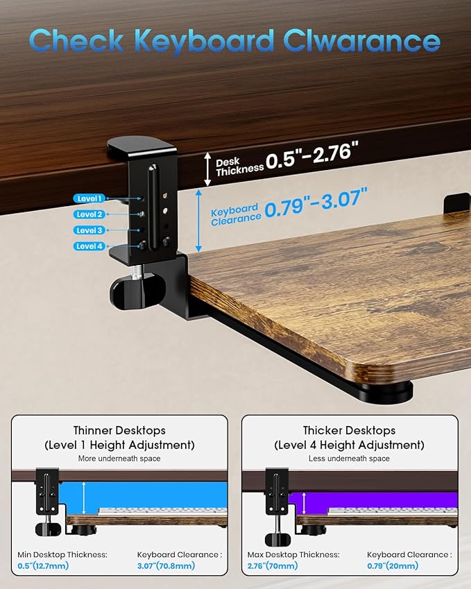 Large Keyboard Tray Under Desk, Pull Out Keyboard & Mouse Tray with Adjustable C-clamp, 25.6(31.5 Including Clamps) x 11.8 Inch Slide Out Computer Keyboard Drawer Mouse Tray for Typing, Brown