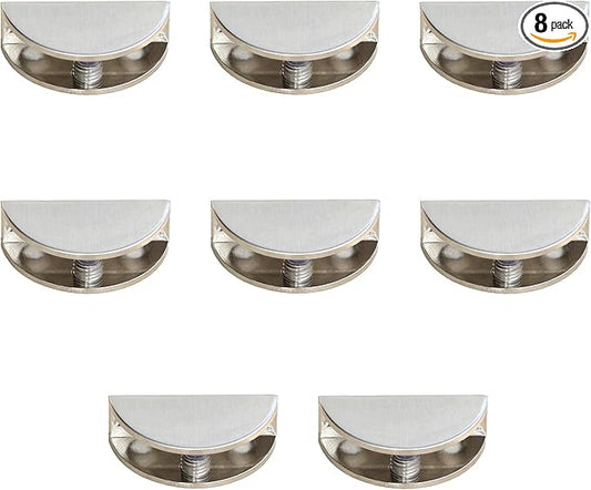 8-Pack Adjustable Metal Shelf Brackets, Semi-Circular Glass Clips, Wall Mount Support Clamp Holder for 6-10mm Shelves in Bathroom, Kitchen, Closet & Living Room, Brushed Nickel Cabinet Hardware