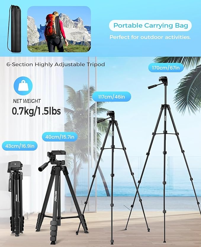 MACTREM iPhone iPad Tripod Stand, 67" Phone Tripod for iPad Tablet Camera with 2 in1 Holder Remote Carry Bag, Aluminum Extendable iPhone Stand for Video Recording/Selfies/Live Stream/Vlogging