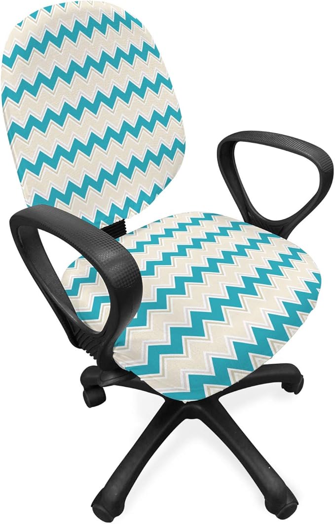 Ambesonne Teal Office Chair Slipcover, Horizontal Zigzag Lines Chevron Triangles Pattern Simple Classical Geometric Design, Protective Stretch Decorative Fabric Cover, Standard Size, Cream Teal