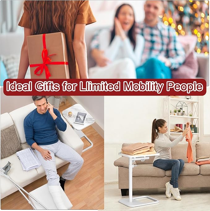 GOYLSER Adjustable Height Sofa C Table, 360° Swivel/180° Flip-Over Panel Side Table with Tablet Slots for Small Spaces, Morden TV Tray Couch Tables for Dinner Eating (White Marble)