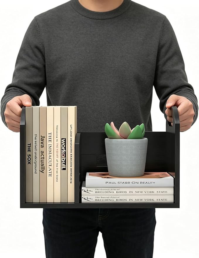 Wood Desktop Bookshelf, Upright Tabletop Book Shelf With Adjustable Divider Secure Books in Place, Desk Shelf for Top of Desk in Living Room Home Office, Perfect for Books Magazine File (Black)