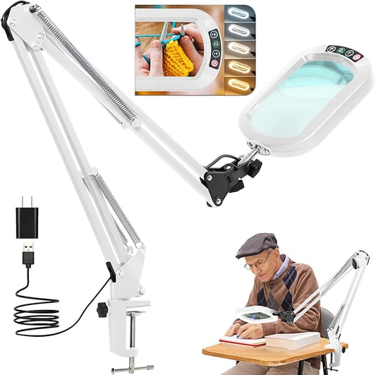14.35" Large Magnifying Glass with Light and Clamp, Real Glass, 5 Color Modes, Stepless Dimmable, Lighted Magnifier with Stand Hands Free, LED Swing Arm Desk Lamp for Close Work, Craft, White