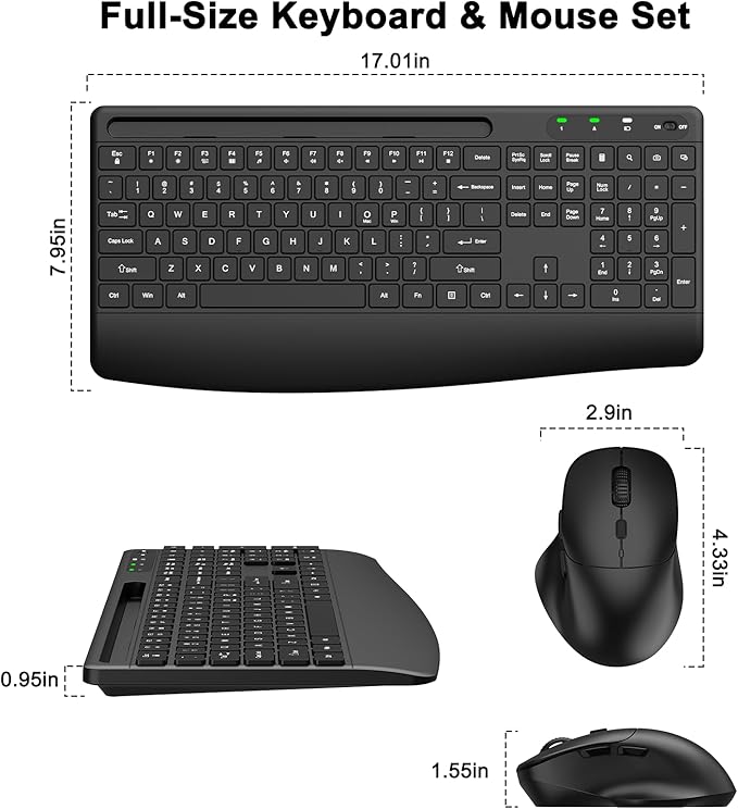 Ergonomic Wireless Keyboard and Mouse Combo, Full-Size Silent Keyboard with Wrist Rest & Phone Holder, 3 DPI Adjustable Mouse, 2.4G Lag-Free Cordless, Long Battery Life for PC Laptop Mac Windows