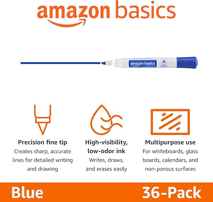 Amazon Basics Low-Odor Dry Erase Whiteboard Markers, Fine Tip, Quick-Dry, Blue, 36-Pack