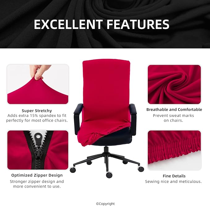 DIVA EN CAMINO DEC Stretch Office Chair Cover with Zipper, Soft Slipcover for Desk, Boss, or High Back Chair, Red