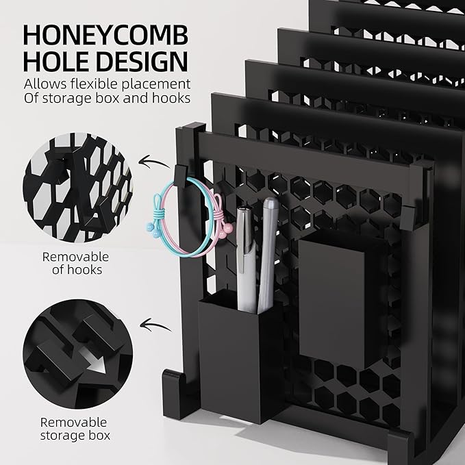 File Organizer for Desk with Storage Box & Hook, Inclined Desk File Organizer with 5-Section Vertical File Holder Suitable for Home Office Document Organization (Black)