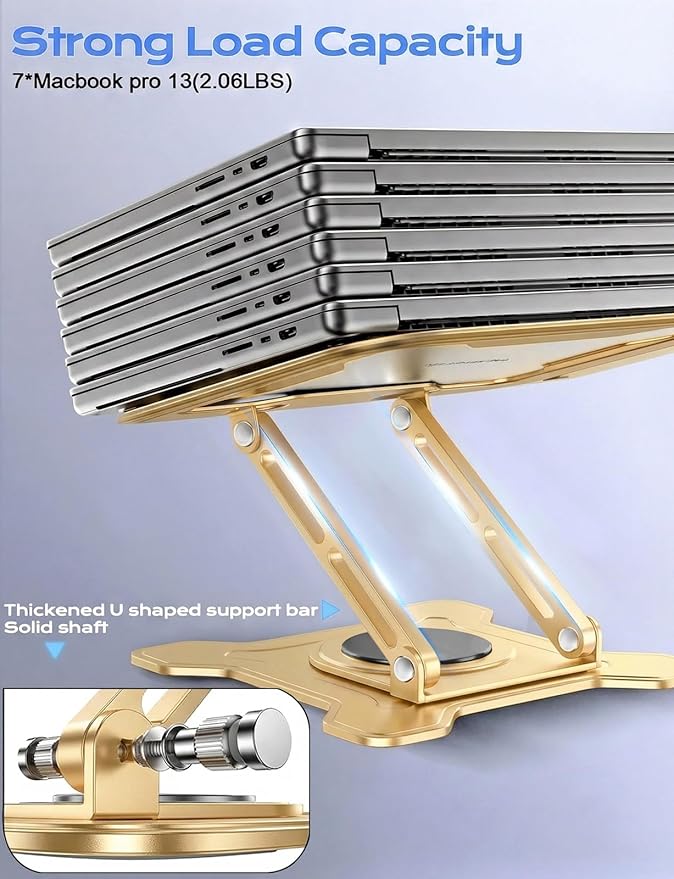 JCZT Adjustable Laptop Stand for Desk, 360° Rotating Base Ergonomic Computer Stand, Laptop Riser Foldable Protable for Office Home Fits Compatible with MacBook Pro/Air Notebook up to 10-16" Gold