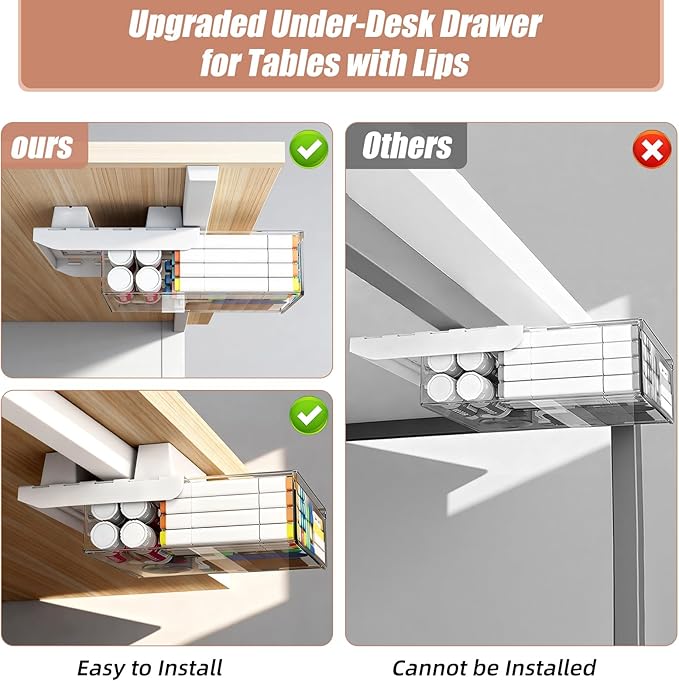 TooCust 2-Pack Under Desk Drawer for Desk with Frame & Beam, Fits Where Standard Drawers Can't, 52mm Heightened Slide Out Organizer, Dual Adhesive or Screw Mount, Clear PET Under Table Storage