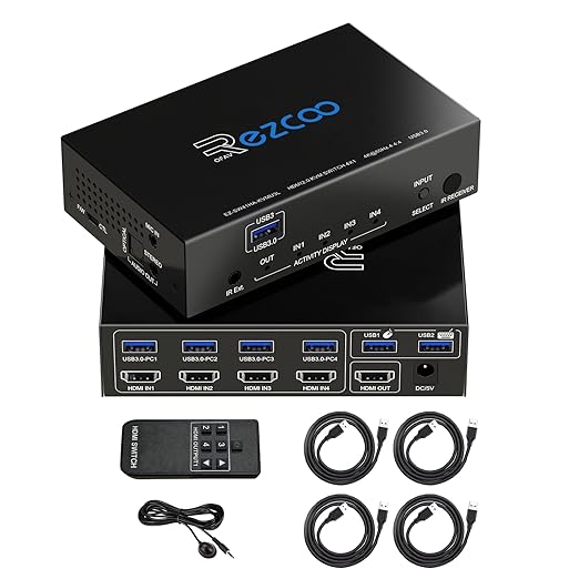 USB 3.0 KVM Switch HDMI 4 Computer 1 Monitor 4K 60Hz SPDIF L/R Extractor- USB Switch for Keyboard Mouse Printer Mac Windows 4 Port HDMI Switch 4x1 1080p 120Hz 144Hz HDCP Pass, IR Remote Ext. Mic