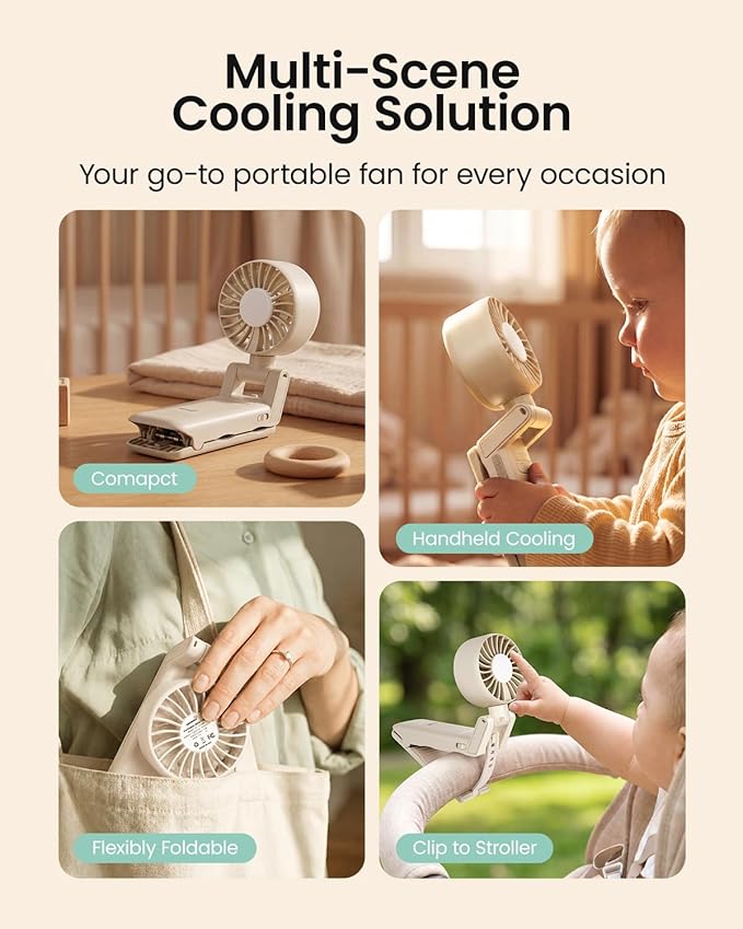 GROWNSY Portable Stroller Fan with Clip | Foldable Mini Fan for Carrier | Small Handheld Fan with Soft Night Light | Rechargeable 4-Speed Personal Fan for Travel/Desk/Bed/Backpack/Car Seat (Beige)