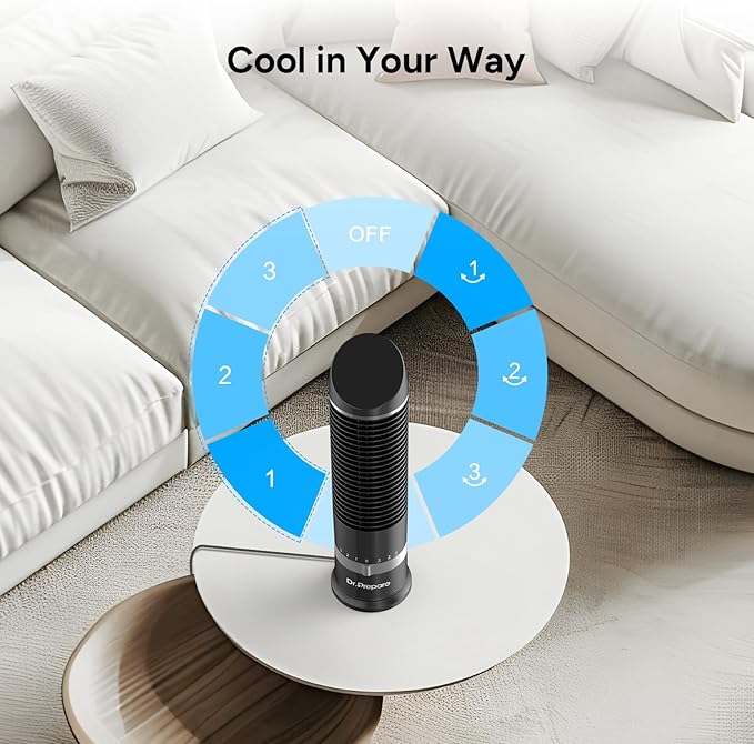 DR.PREPARE 16" Small Tower Fan, 3 Speeds with 60° Oscillating Fan, Bladeless Tabletop Fans for Indoors, Portable Personal Table Fans for Office, Desktop