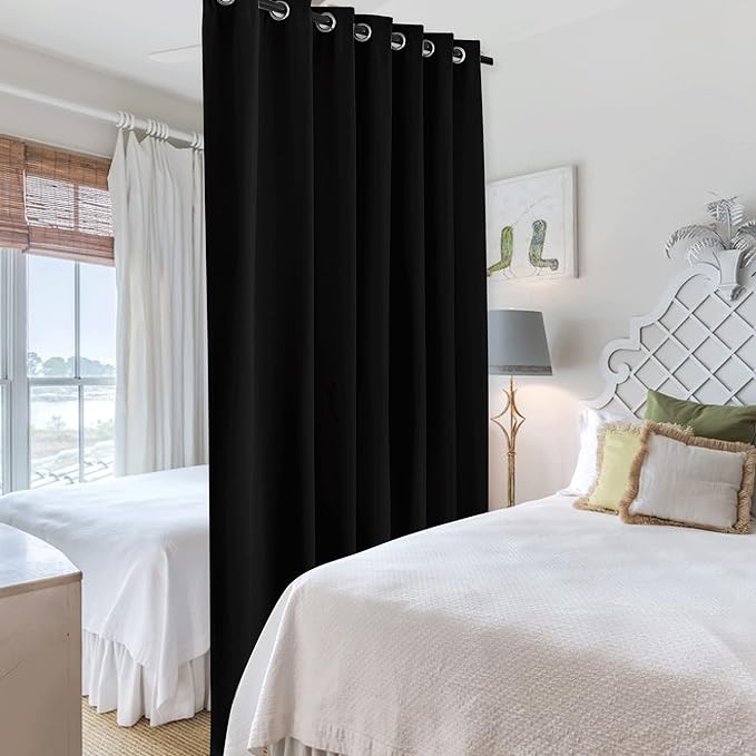 RYB HOME Space Divider Wall Panel, Room Darkening Drape for Bedroom Furniture Protected Blackout Space Partition Curtain for Patio Sliding Door/Locker Room, 10 ft Wide x 9 ft Tall, Black, 1 Pcs