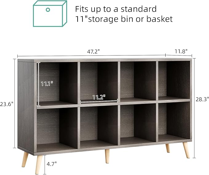 8-Cube Bookshelf 2 Tier Retro Bookcase with Legs, 11in Shelf Opening, 47" Wood Bookshelves Storage Organizer Shelf, Freestanding Open Book Shelves for Bedroom Living Room Office,Grey Oak