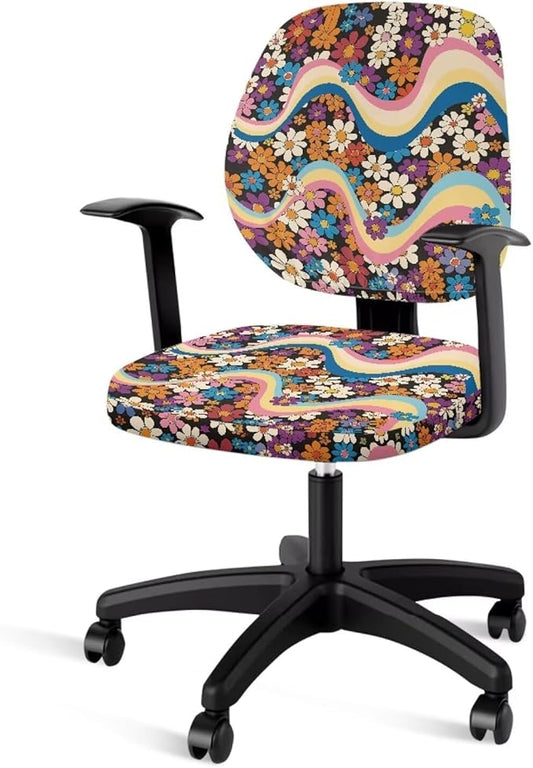 Hippie Flowers Office Chair Covers Washable Computer Office Chair Seat Cover 70S Floral 2 Piece Office Chair Slipcovers Protector Desk Accessories Dorm Computer Rotating Chair Slipcover