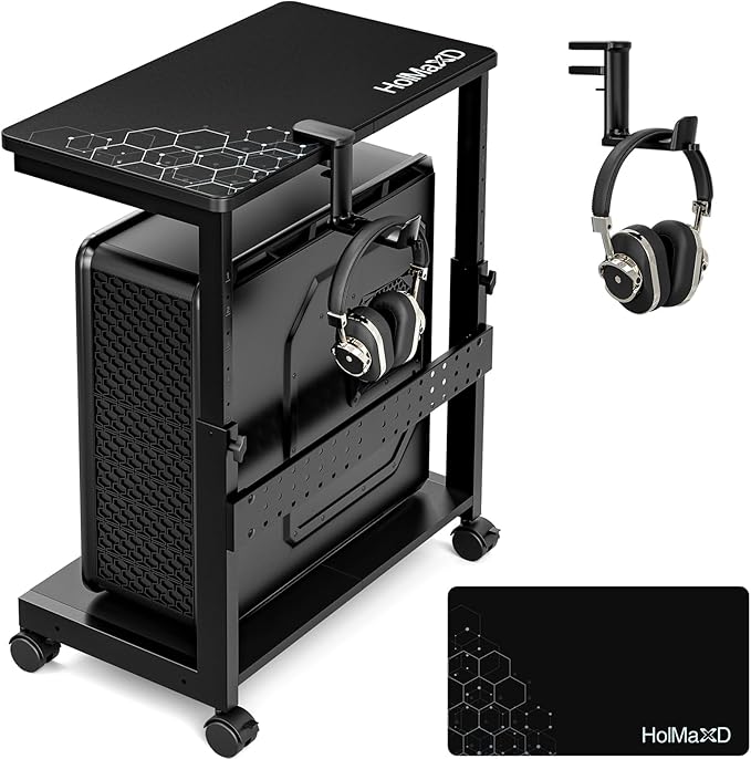 Height Adjustable Computer Tower Stand, 2-Tier ATX-Case CPU Holder with Mouse Pad & Headphone Stand, Mobile PC Standing Under Desk, Home Office Gaming Accessories, Computer Cart Wheels, Black