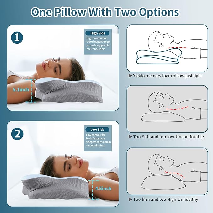 Ylekto Cervical Neck Pillow for Pain Relief - Ergonomic Memory Foam Pillows for Sleeping, Cooling Side Sleeper Pillow for Neck Support, Contour Orthopedic Bed Pillow for Sleepers