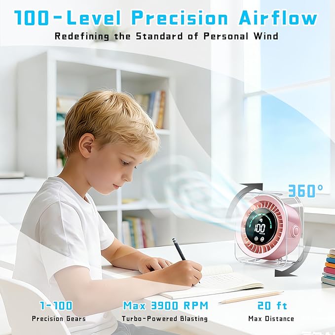 FOWSEEK Small Portable Desk Fan, 4000mAh USB Rechargeable Mini Table Fan with 100 Speeds Turbo Airflow, 360° Adjustable, LED Display, Quiet Desktop Cooling Fans for Home Office Travel-Pink