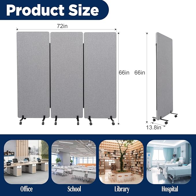 Room Divider Soundproof Privacy Panel with Wheels, 3 Panel Portable Office Wall Divider for Room Partition, Soundproof Partition Room Dividers Cubicle Wall Temporary Wall Space Separator for Office