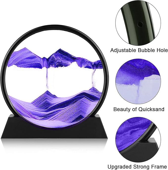 rysnwsu 3D Dynamic Sand Art Liquid Motion, Moving Sand Art Picture Round Glass 3D Deep Sea Sandscape in Motion Display Flowing Sand Painting Relaxing Desk Toys (Purple, 7'')