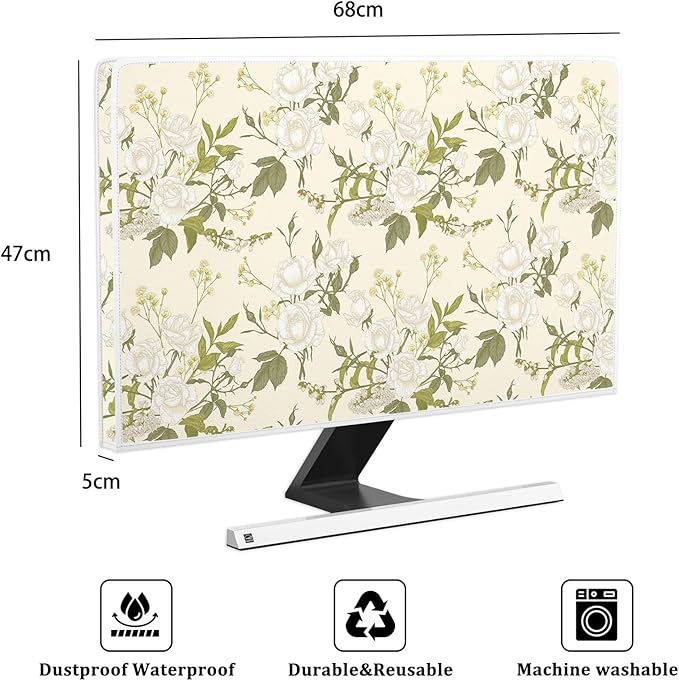 Baocicco White Rose Flowers Waterproof 26, 27, 28 Inch Anti-Static Dustproof LCD/LED/HD Panel Case Spring Floral Computer Monitor Covers Sleeve Compatible with PC Desktop and TV,Green Leaves