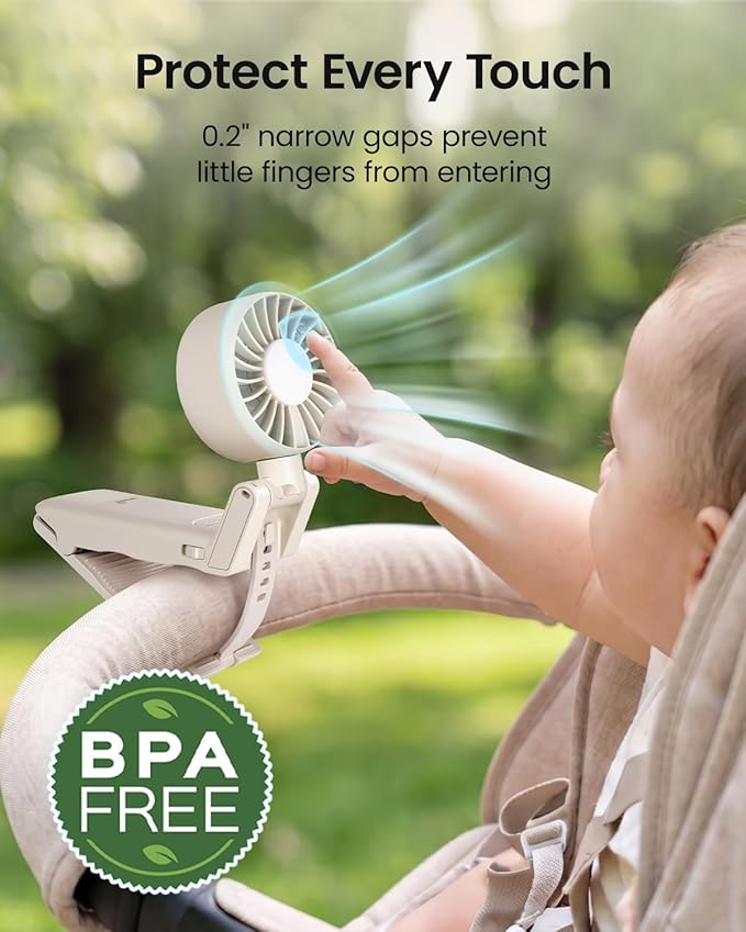 GROWNSY Portable Stroller Fan with Clip | Foldable Mini Fan for Carrier | Small Handheld Fan with Soft Night Light | Rechargeable 4-Speed Personal Fan for Travel/Desk/Bed/Backpack/Car Seat (Beige)