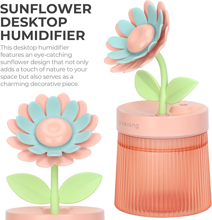 Sunflower Small Humidifier for Plant, Cool Mist Mini Humidifiers for Bedroom, Desk Personal Humidifiers with Diffuser for Indoor Office Car, Portable Humidifier for Travel - Pink 260ml