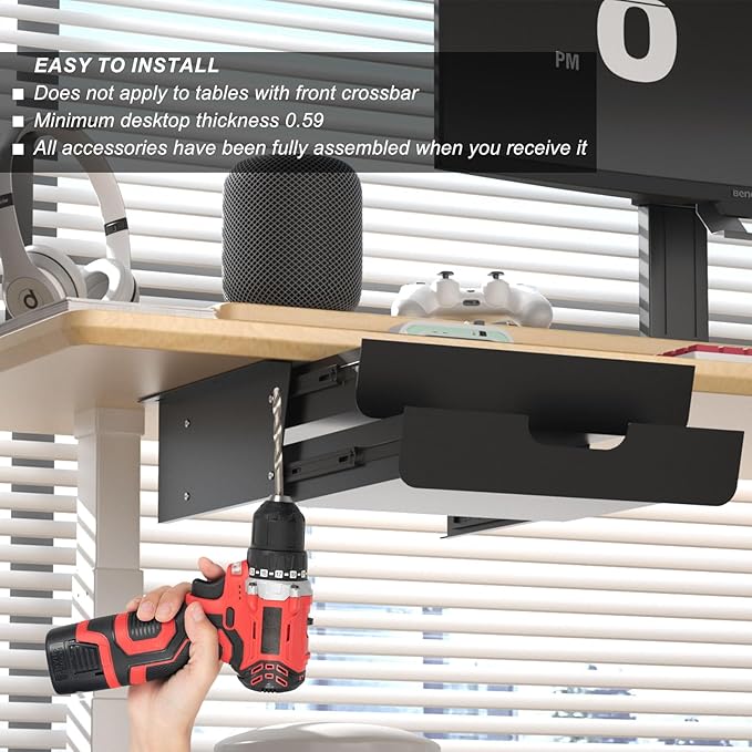 Under Desk Mounted Sliding Double Layer Drawer with Tilt Panel to Pull Out, 11.6'' Long & 10.4'' Deep Dual Storage Organizer for Sit Stand Workstation