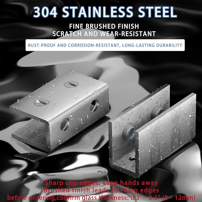 2Pcs Stainless Steel Glass Shelf Clip Clamp Bracket Support Adjustable 304 Stainless Steel Brushed Finish Glass Clip Shelf Brackets Holder Support 0.3" to 0.5"/ 8 to 12mm Thick