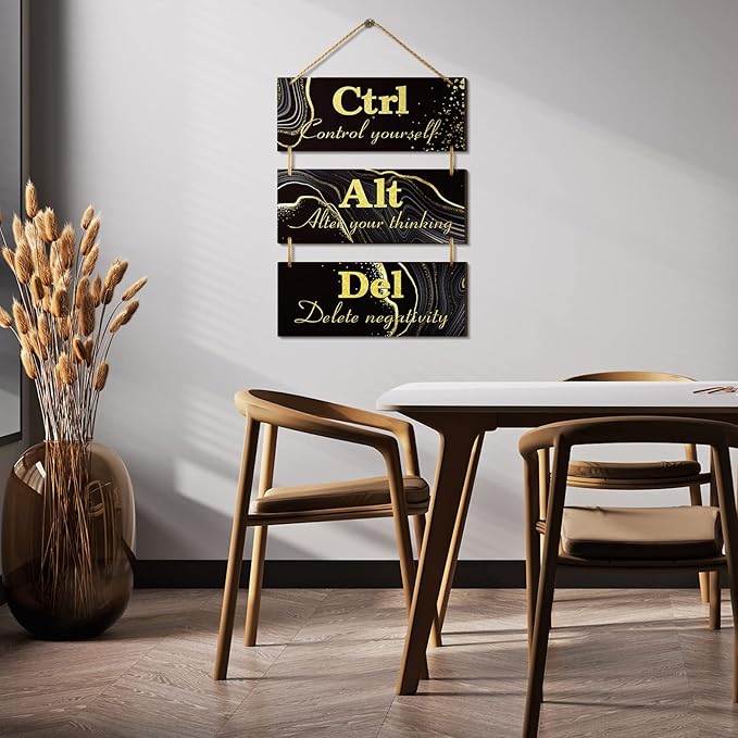 Qunclay Black and Gold Office Wall Decor Ctrl Alt Del Inspirational Rustic Wall Hanging Wooden Signs Motivational Art with Sayings Motivational Plaques for Home Living Room Decoration, 10 x 4 Inch