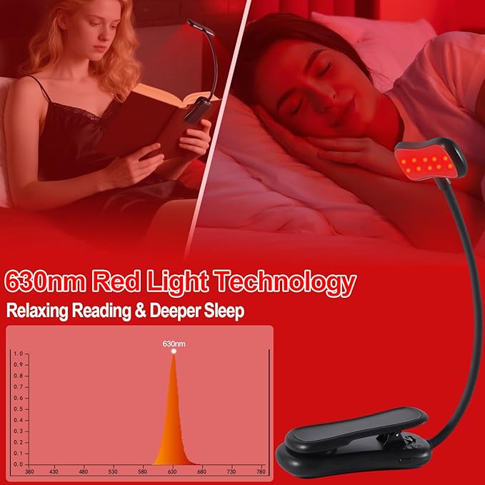 630nm Red Book Light - Zero Blue Light, Rechargeable Clip On Red Reading Light for Reading at Night, Poratble Dimmable LED Book Lamp, Perfect for Travel Nursing Studying(2 Pack)