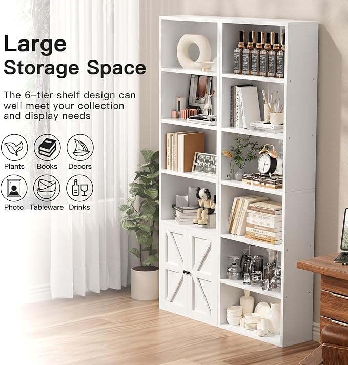 71.5" Tall Farmhouse Bookshelf, 6-Tier Bookcase with Cabinet Doors, Tall Display Shelves with Storage for Home Office, Living Room