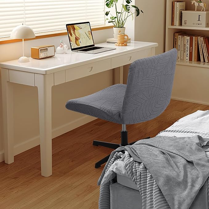 Fuloon Criss Cross Chair Cover, Waterproof, Stretchable, Solid Jacquard, Suited for Armless/Office/Desk/Mid Back Wide Seat/Computer/Task/Vanity/Accent Chair (Leaves -Shaped Jacquard, Dark Grey)