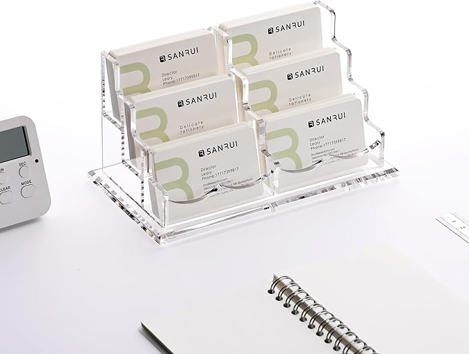 SANRUI Acrylic Business Card Holder for Desk, Clear Display Stand with 6 Slots, 3-Tier Horizontal Name Card Stands, Office Desk Organizer for Women & Men , Holds 50 Cards Each Pocket