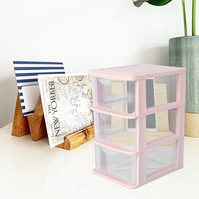 Yardwe Pink Plastic Storage Drawers 3-Layer Clear Drawer Organizer Box for Desktop Makeup and Stationery Storage 9.06X6.89X5.31 Inches Dustproof Unit