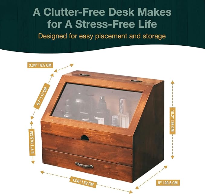 Vintage Tabletop Organizer with Glass Top Compartment -2-Tier Display Cabinet for Desk - Wooden Desktop Storage Box with Drawer and See-through Cabinet - Mahogany Brown Organizing Unit