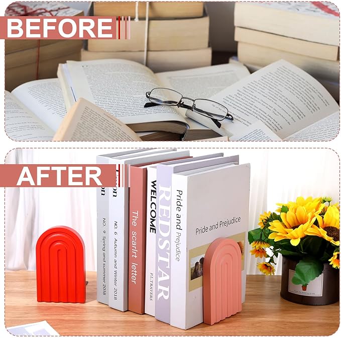 4Pcs Boho Arch Wooden Rainbow Bookends, Cute Book Ends for Shelves, Non Skid Wood Bookends for Kids, Colorful Book Holder Stand Stoppers for Heavy Books Home Office Back to School Library Kitchen