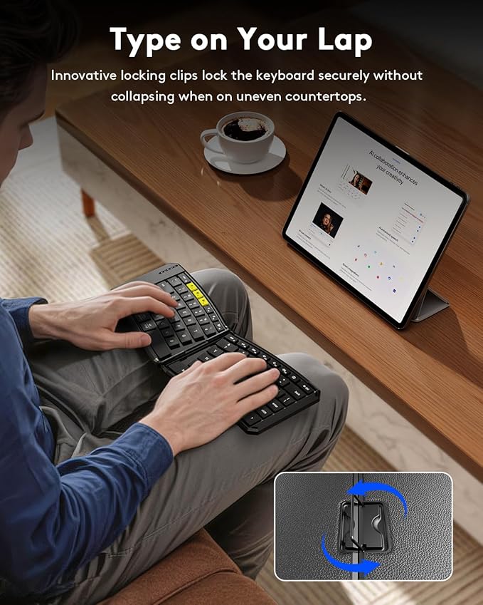 Ergonomic Foldable Keyboard and Mouse, Samsers KM09 Split Folding Bluetooth Keyboard Combo, 2.4G + BT5.0 x2, 6-Row Layout Portable Travel Keyboards & USB-C Wireless Mouse for iOS Android Windows MacOS