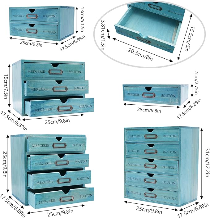 15-Drawer Wooden Desk Organizer Storage Box with Label Holders Vintage Wood Desktop Organizer, Desk Drawer Unit Collectors Box for Living Rooms, Bedrooms, Offices (Blue, 5PCS 15 Drawers)