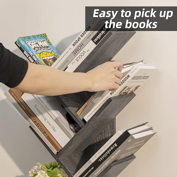 SHEEPAM 5 Tier Tree Book Shelf, Small Desktop Bookshelf with Storage Organizer, Wood Bookcase, Desk Display Bookshelves, Floor Standing Organizer Bookcases for Living Room,Bedroom,Office - Light Grey