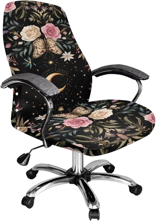 Talayituse Butterfly Moon Rose Flower Print Office Chair Covers, Stretch Computer Chair Cover, Universal Boss Chair Covers Modern Simplism Style High Back Chair Slipcover, Large