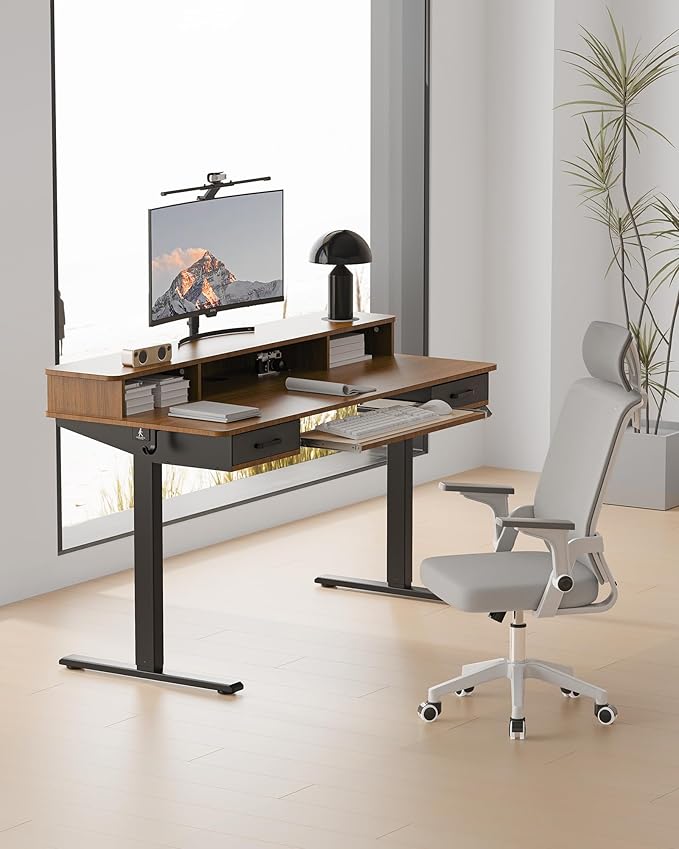Electric Standing Desk with Keyboard Tray, 55x24 Inches Height Adjustable Stand up Desk with 2 Drawers, Ergonomic Sit to Stand Table with Storage Monitor Stand, Black Walnut