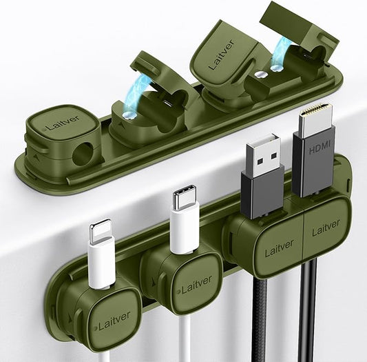 6 Pack Magnetic Cable Clips [1s Open/Lock], Laitver Cord Organizer Holder Strong Adhesive Desk Cable Management- Organize Charging Cords Neatly for Home, Office, Car,Desk, Nightstand-Deep Green