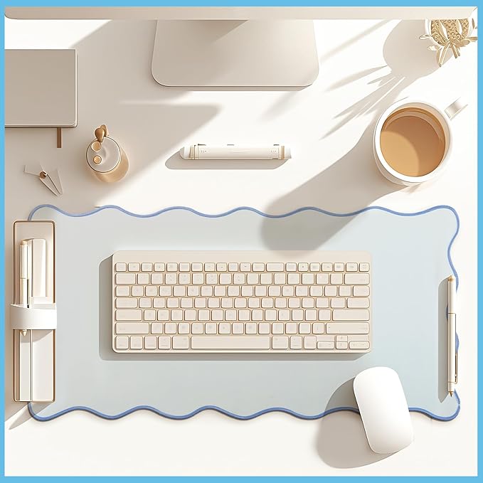 Hahafelt Scalloped Desk Mat Large Scalloped Piping Cute Desk Mat Aesthetic Preppy Table Pad Large Nonslip Pad with Edge Stitching Waterproof Gaming(Blue,23.6 x 13.8 Inches)