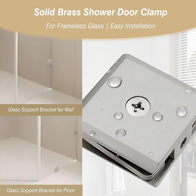 Glass Clamp for Frameless Shower Door, Solid Brass Materials, for 5/16" to 1/2" (8-12mm) Glass, Wall or Floor Mount Fixed Clips Hardware Kit, Brushed Nickel