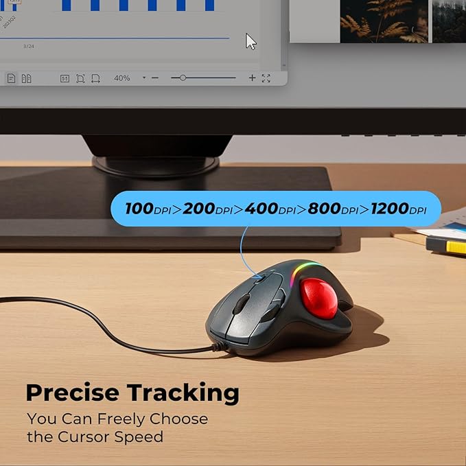 Wired Trackball Mouse with RGB Lighting, Ergonomic Thumb Control to Reduce Muscle Strain, 5 Adjustable DPI, Dual USB-C & USB-A Connectivity