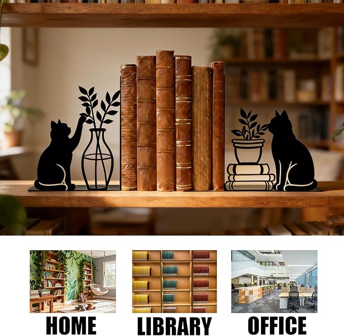 Decorative Cat Bookends, Metal Book Ends for Shelves - Cute Modern Cat Shape Bookend Holder for Bookshelf, Home Office Desk Decor, for Cat Lovers & Reading Enthusiasts