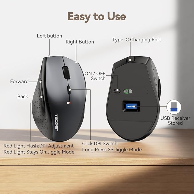 TECKNET Rechargeable Mouse with Jiggler, Plug & Play, 2.4G Connection with USB-C Adapter, Silent Mouse Quiet Click, 6400 DPI Ergonomic Mouse, Cordless Computer Mice for Laptop, Desktop, PC
