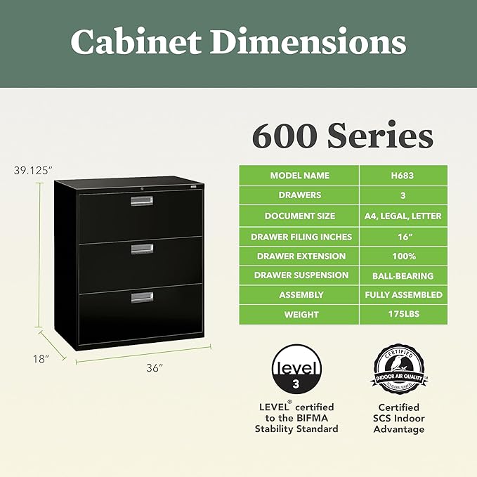 HON 3 Drawer Lateral File Cabinet with Lock, Metal Filing Cabinets for Offices, Adjustable Hangrails for A4, Legal, Letter Files, 18" Deep, Black