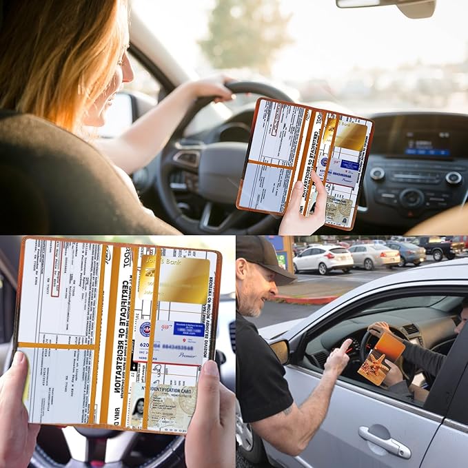 TILDOSAC 2Pack Leather Car Registration and Insurance Card Holder, Car Document Holder for Cards License with Magnetic Shut(Purple+Orange)